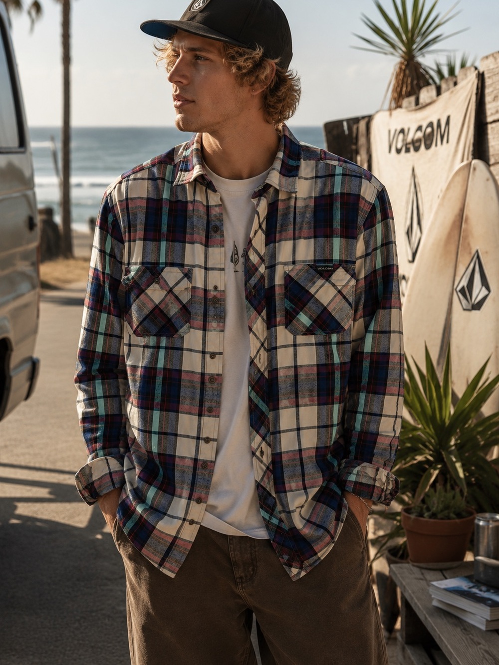 Volcom Plaid Flannel Shirt Large 100% Cotton Skate Surf Outdoor Casual Grunge